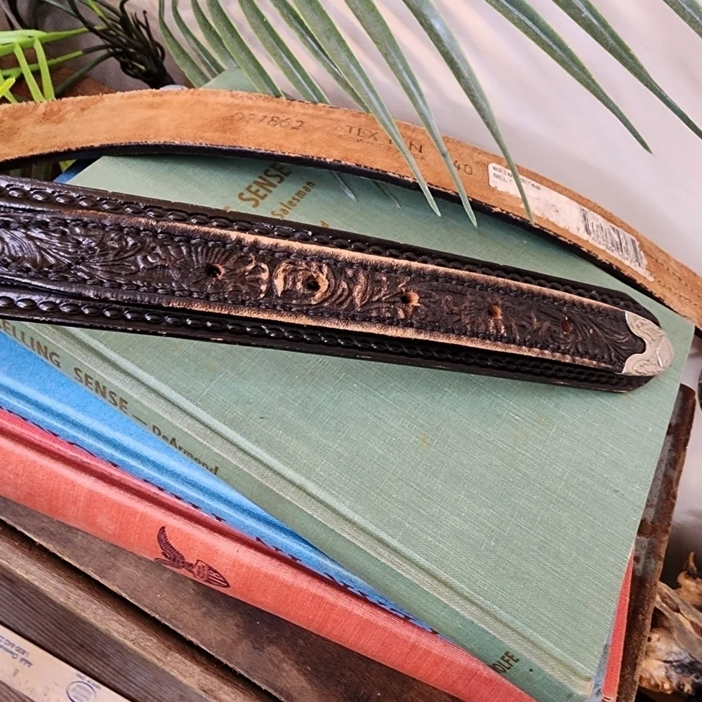 Vintage TexTan Tooled Leather Belt Cowhide Sz.40 (Lg.) Floral Harness